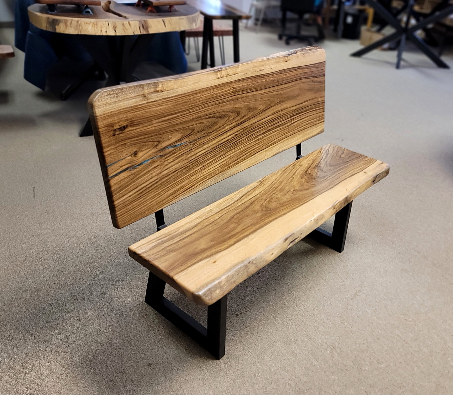 Laurel Live-Edge Bench with Backrest <br> Silk Blue Epoxy Accent <br> 45"W x 19"D x 35"H